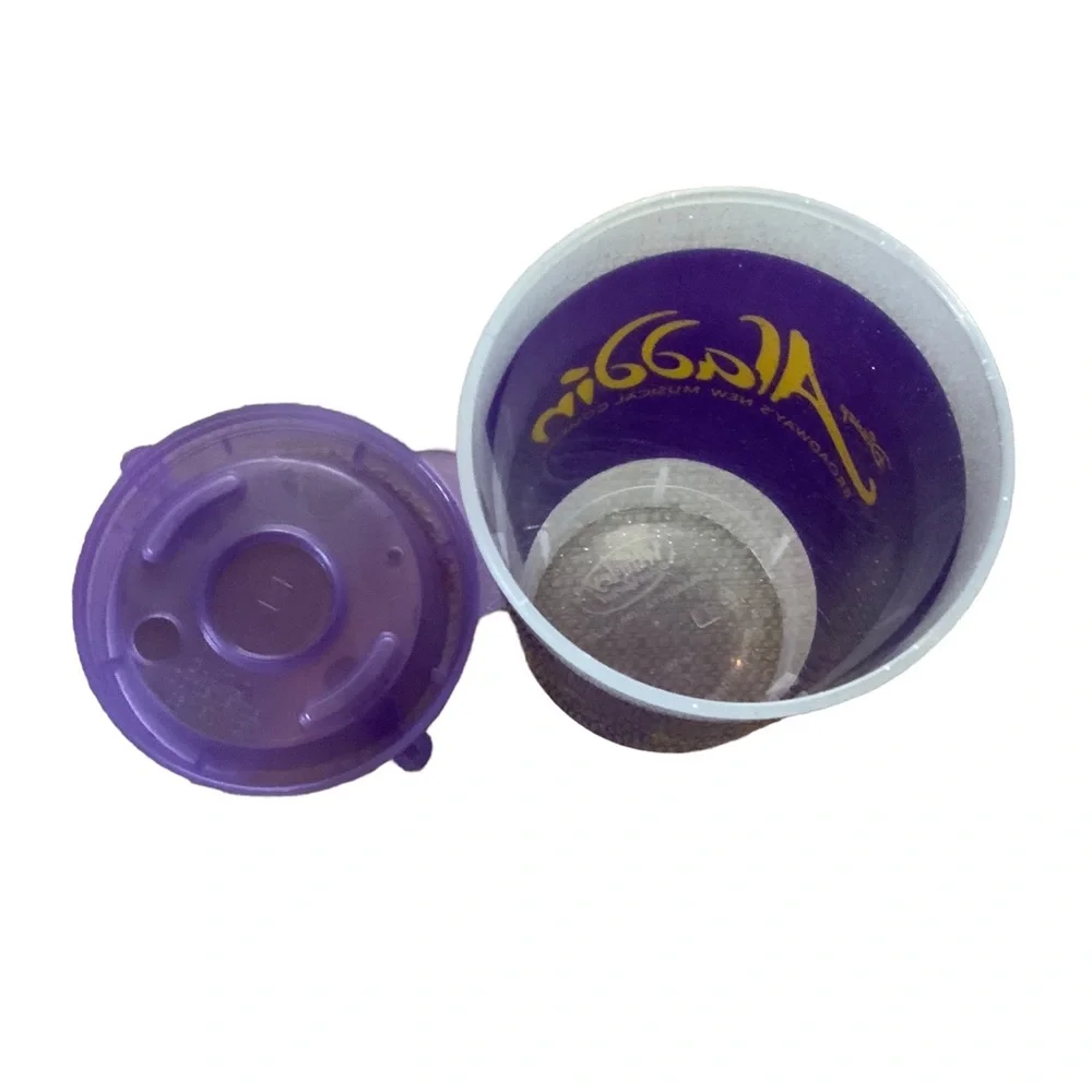 2 Aladdin Disney Tumblers and Covers Purple With Gold Writing Cold Beverage
